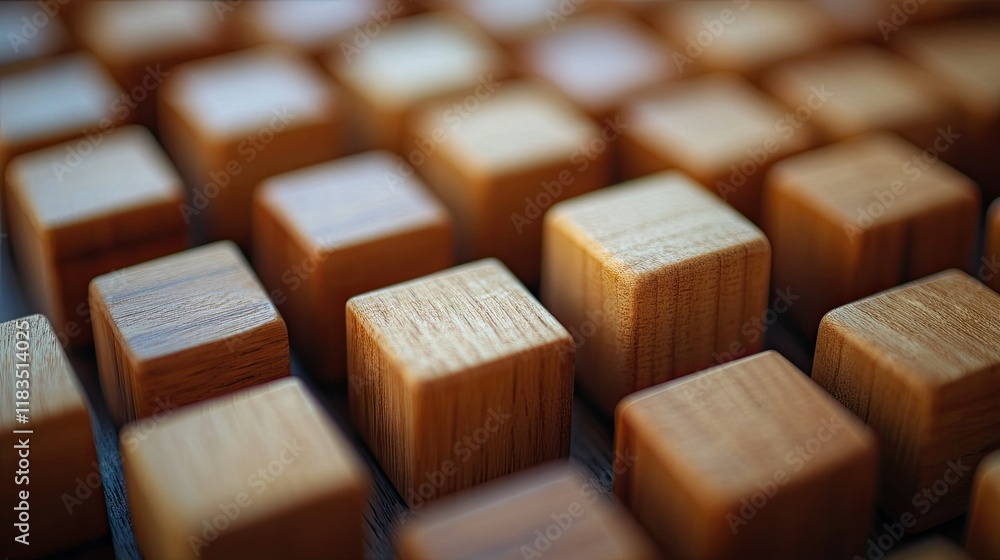 Poster close-up view of many small, light brown wooden blocks arranged in a grid pattern