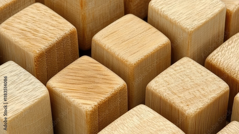 Poster close-up view of many light brown wooden cubes arranged in a repeating geometric pattern