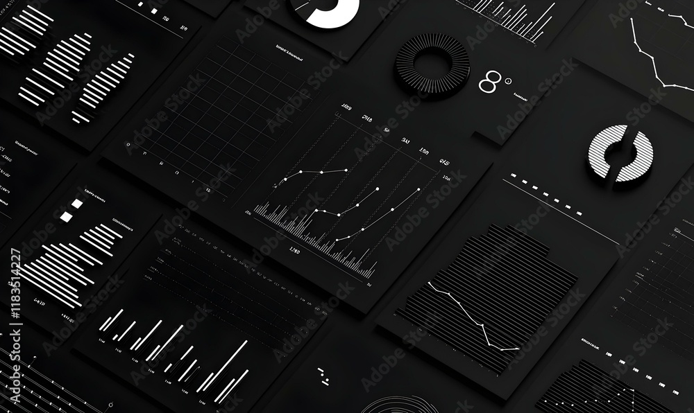 Poster dynamic visualization of interconnected data charts, showcasing complex analytics through vibrant co