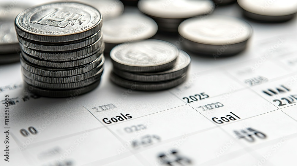Poster close-up view of stacks of coins on a financial document showing charts, graphs, and numbers. the im
