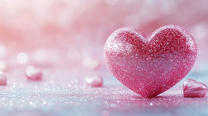 Fototapeta premium A glittery pink 3D heart sits against a pastel background, offering a soft and romantic visual. Ideal as a Valentine's Day design element with space for personalized text.