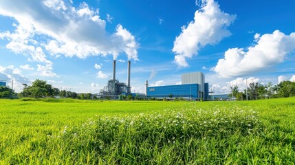 Renewable energy biomass plant green field landscape industrial environment sustainable development concept