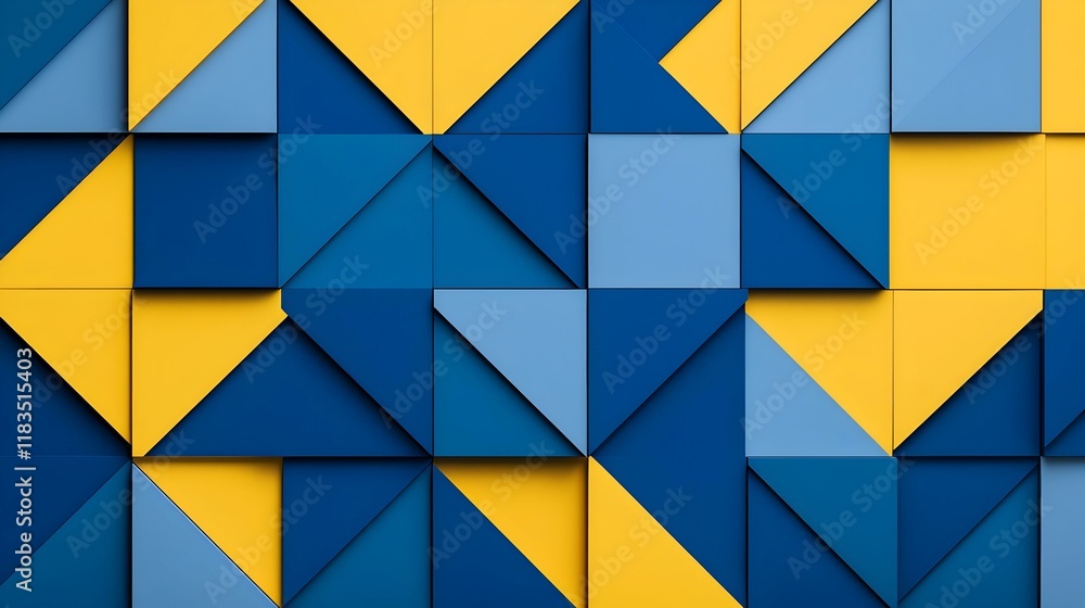 Poster geometric harmony in blue and yellow, a vibrant interplay of shapes and colors creating a captivatin