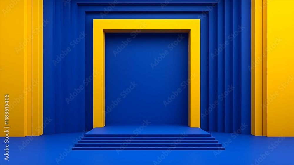 Poster geometric harmony, a vibrant interplay of blue and yellow shapes creating a dynamic and engaging thr