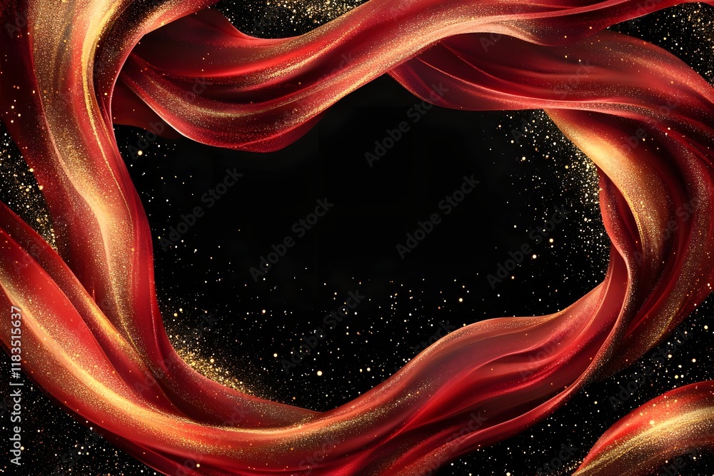 Poster a vibrant swirl of red and gold fabric with a sparkling background, creating an elegant frame.