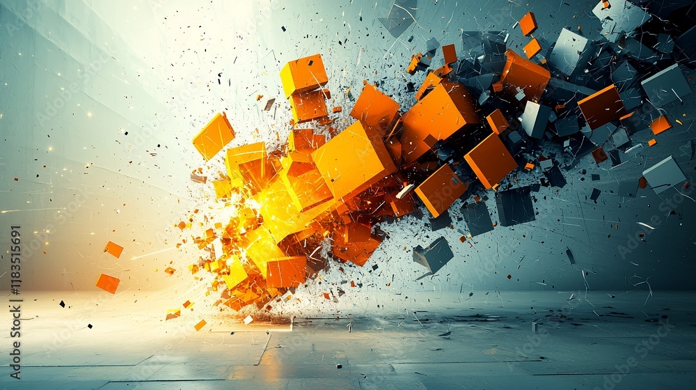 Poster Exploding orange and gray cubes in abstract 3D space.
