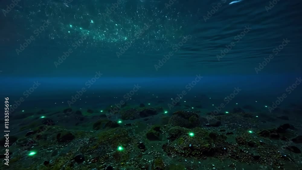 Poster underwater scene features shimmering lights and calm waters, creating a serene and ethereal atmosphe
