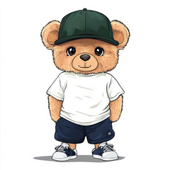A cartoon-style teddy bear wears a white T-shirt, navy blue shorts, and sneakers, accessorized with a black baseball cap. The adorable character stands on a clean white background.