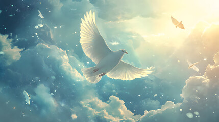 Praying hands and white dove flying happily on blurred background. hope and freedom concept.
