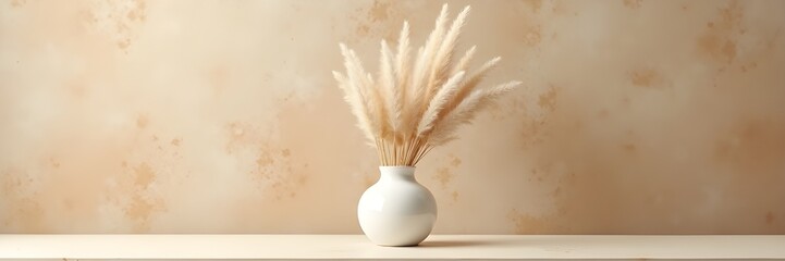 A single white ceramic vase with a dried pampas grass on a beige textured background