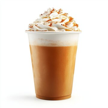 pumpkin latte coffee drink in take away cup decorated with whipped cream and cinnamon isolated on white background