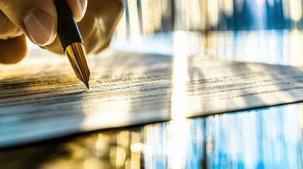close up of hand holding pen, signing document on reflective surface, with soft light creating elegant atmosphere. focus is on act of signing