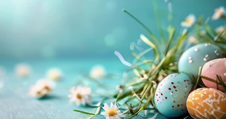 Close up of painted easter eggs on blurred Festive blue background with flowers. Greeting card, holiday celebration and happy Easter concept. - Powered by Adobe