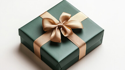 A green gift box elegantly wrapped with a gold ribbon, presented from a top-down view on a white background, exuding a festive and luxurious appeal.