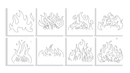 Set Of Hand Drawn Fire Flames Vector Line Illustration