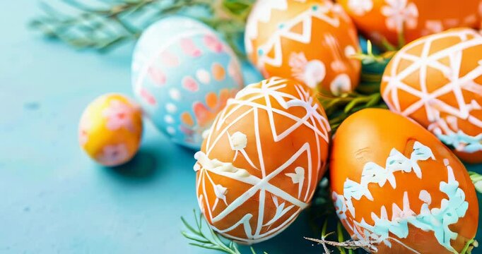 Close up of painted easter eggs on blurred Festive blue background with flowers. Greeting card, holiday celebration and happy Easter concept.