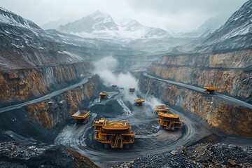 Aerial View of a Large Open Pit Mine with Heavy Machinery and Snow-Capped Mountains in the Background