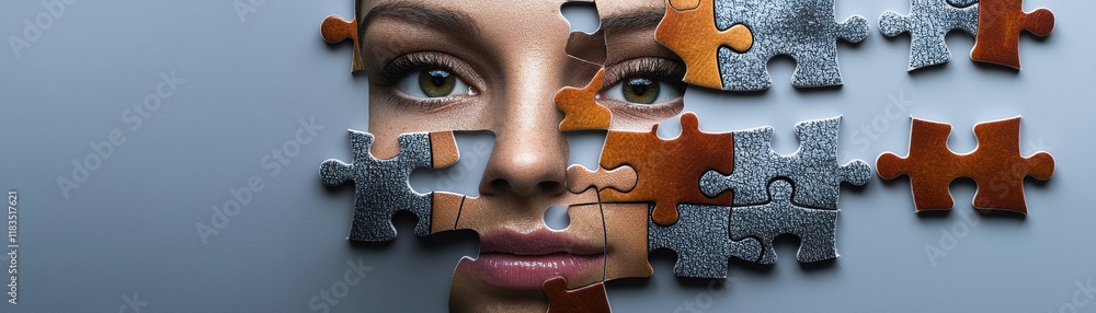 Poster a woman's face is partially obscured by puzzle pieces, symbolizing complexity and the search for ide