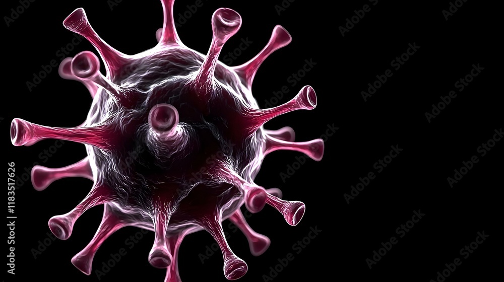 Poster virus particle visualization, a digital illustration showcasing a virus particle with intricate text