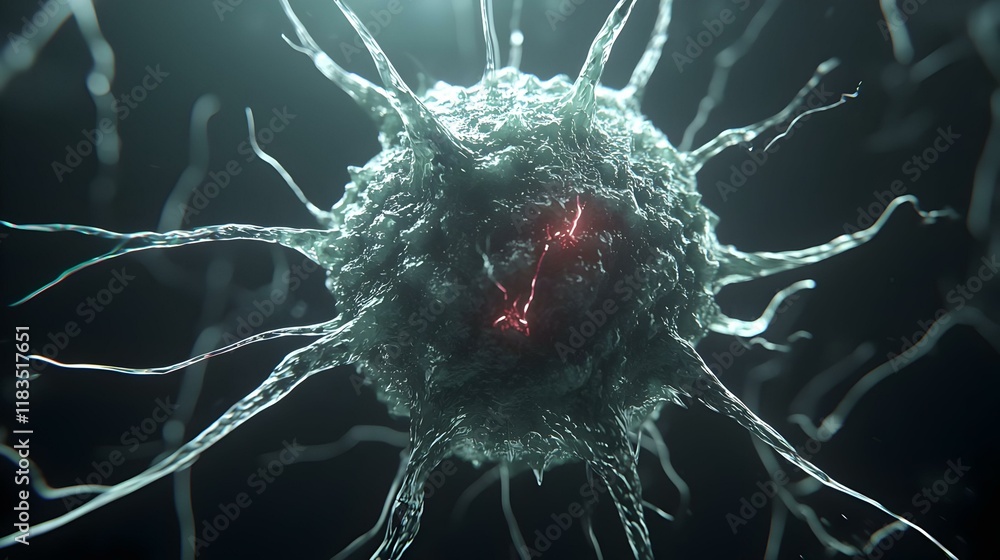 Poster intricate virus structure, a vivid digital representation showcasing the detailed morphology and com
