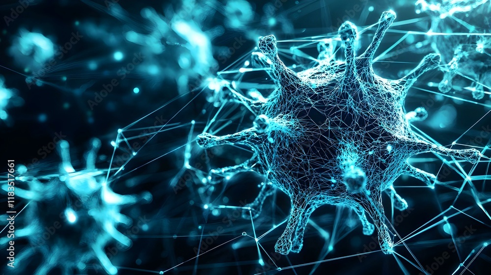 Poster virus particle visualization, intricate design showcasing the structure and composition of a virus, 