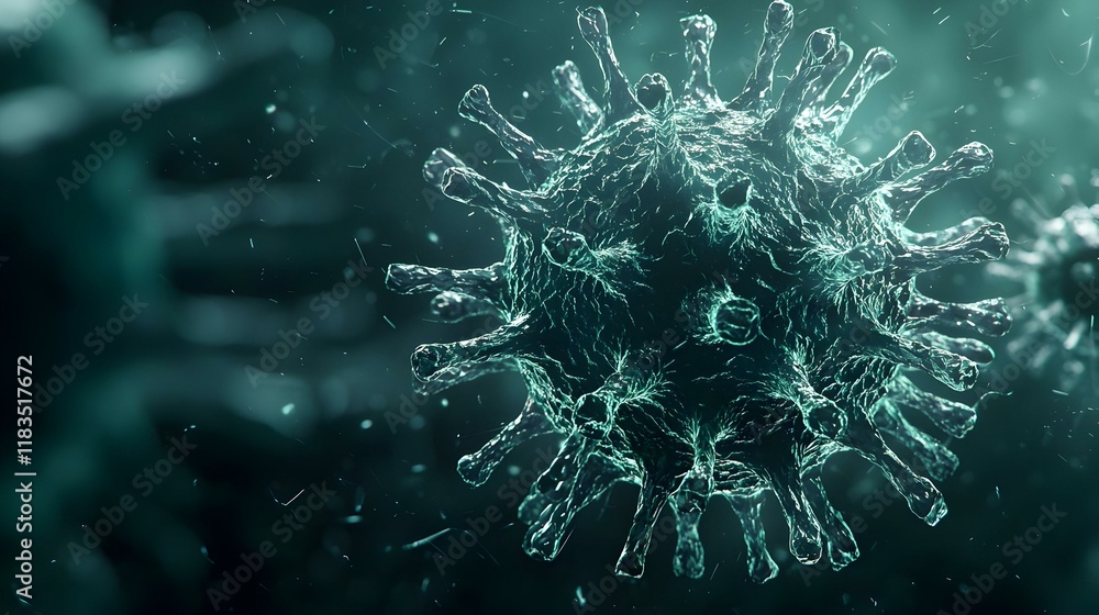 Poster intricate virus structure, a detailed digital representation showcasing the complex architecture of 