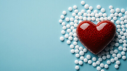 A red heart surrounded by white pills set against a light blue background conveys a thoughtful concept of cardiac health, offering a modern and meaningful visual representation.