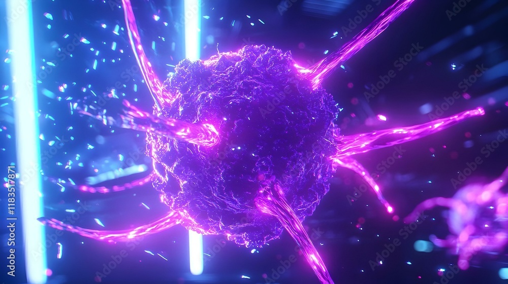 Poster vibrant digital illustration of a virus cell, showcasing intricate structures and dynamic colors, em