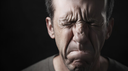 Fototapeta premium An adult man with his eyes closed, frowning deeply, expressing the physical toll of stress and pain