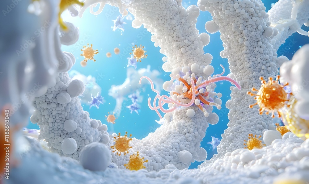 Poster vibrant digital animation of dynamic virus particles in motion, showcasing intricate details and int