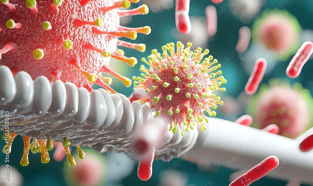 Poster vibrant digital animation of virus particles in dynamic motion, showcasing intricate details and int