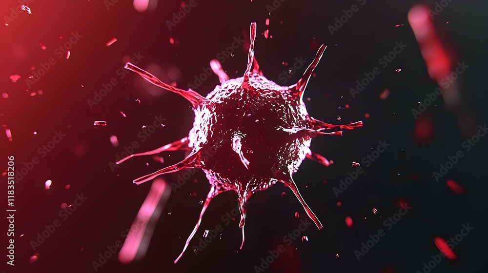 Poster vibrant digital representation of a virus, intricate details highlight the structure and dynamics of