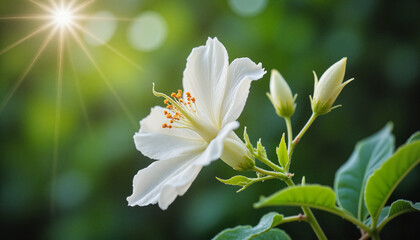 Fototapeta premium Delicate flower blooming under gentle sunlight, fragrance in air