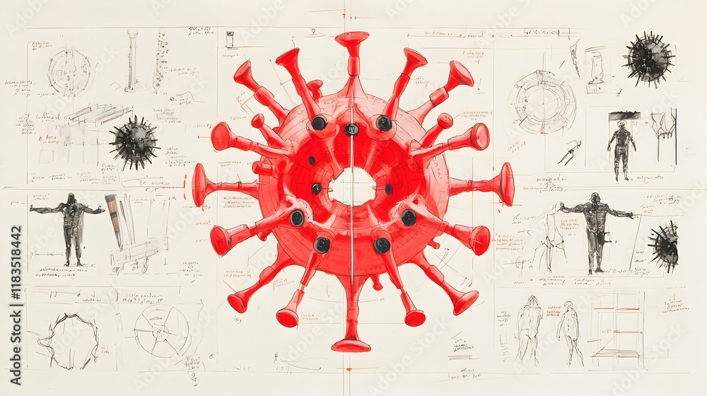 Poster intricate virus structure illustration, showcasing detailed components and features of a viral entit