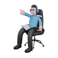A male radio announcer sits with a book on his lap and his right hand points forward