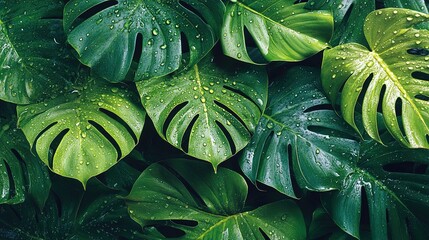 Fototapeta premium Close-up of lush monstera leaf with water droplets, bright and fresh 