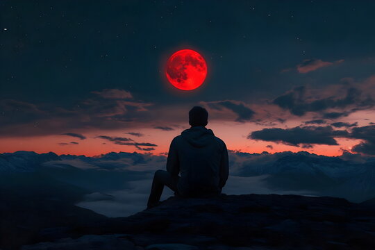 Silhouette of a man sitting on the edge of a cliff under the red moon