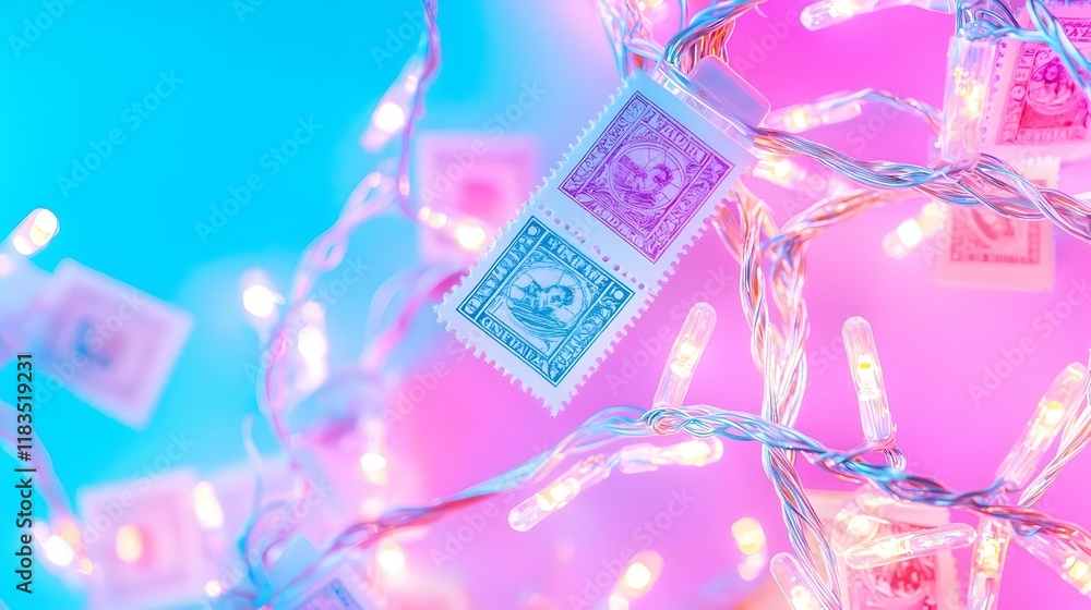 Poster twinkling string lights overhead, an enchanting view of glowing string lights creating a whimsical a