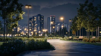 Fototapeta premium Night cityscape park path, illuminated walkway, urban landscape.