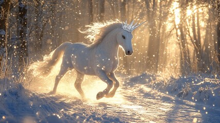 Fototapeta premium Majestic Unicorn in Winter Wonderland: A Magical Scene