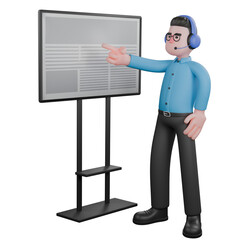 A male radio announcer stands with his right hand pointing towards the board in front of him