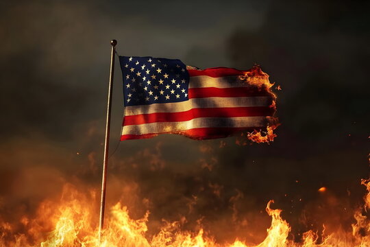 American flag burning in flames