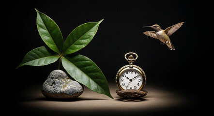 eco still life with stone forms plant and bird . Generative AI