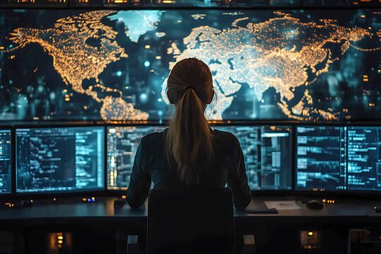 A woman sitting in front of multiple computer monitors displaying world map and code, showcasing the concept of global digital surveillance and cybersecurity.