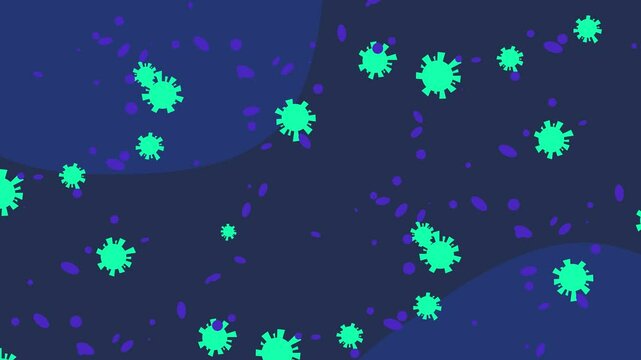 A stylized pattern of green virus-like shapes and purple particles on a dark blue background. The design has a microscopic, abstract theme, representing germs or bacteria