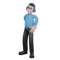 A male radio announcer stands with one hand behind his waist, and the other hand on his waist