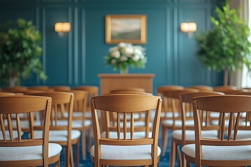 Obraz premium Empty wooden chairs arranged for a ceremony in a softly lit room.