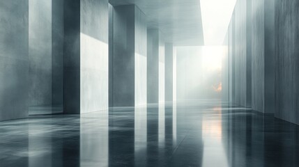 Futuristic smoky hallway with reflective floor and sunlight.