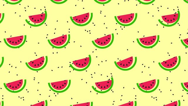 A cheerful pattern of watermelon slices with black seeds scattered on a pale yellow background. Perfect for summer-themed designs and playful decor