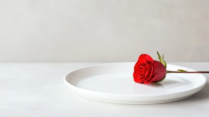 A single red rose rests elegantly on a white plate, set against a soft, neutral background, creating a serene and minimalist aesthetic.